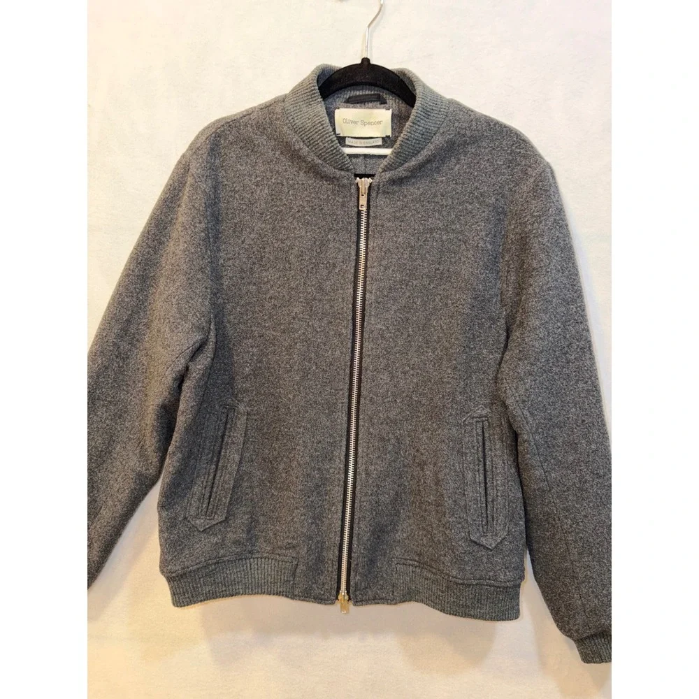 Oliver Spencer Bomber Jacket Charcoal Grey Wool Zip Front Made in England Mens L